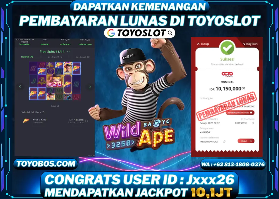 TOYOSLOT - BUKTI KEMENANGAN JACKPOT Wild Ape Rp10,150,000,- LUNAS